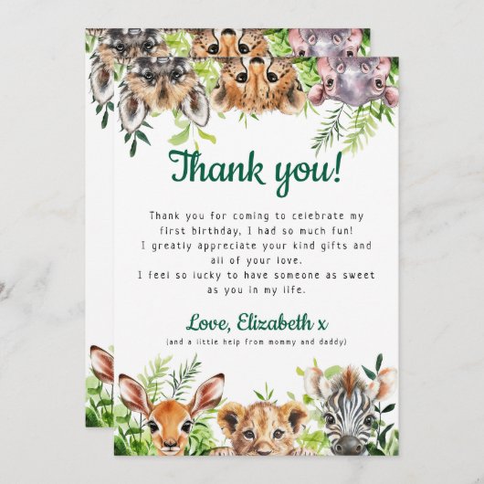 Schattigee Waterverf Safari Animals Verjaardagsfee Bedankkaart (Voorkant / Achterkant)