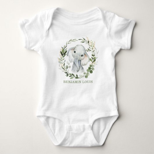 Schattigee Waterverf Safari groen olifant monogram Romper (Voorkant)