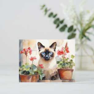 Schattigee Waterverf Siamese Cat Red Geranium Flow Briefkaart
