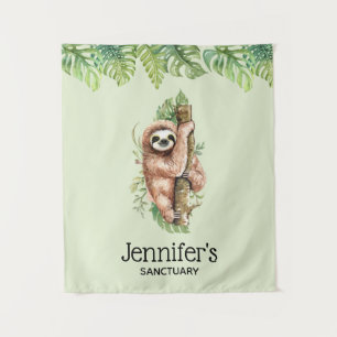 Schattigee Waterverf Sloth & Tropical Leaves Heili Wandkleed