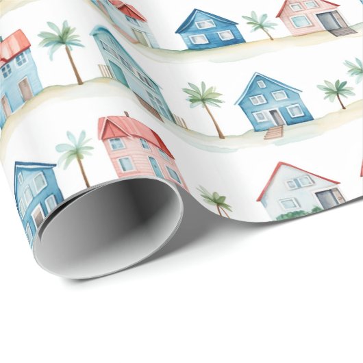 Schattigee Waterverf strandhuizen Tropical Pattern Cadeaupapier (Rol Hoek)