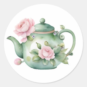 Schattigee Waterverf theepot met roze pioenrozen C Ronde Sticker