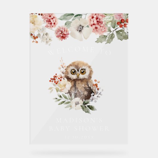 Schattigee Waterverf Uil Baby shower Welkom Acryl Bord (Voorkant)