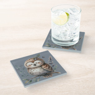 Schattigee Waterverf Uil met Floral Woodland Style Glazen Onderzetter