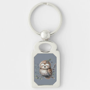 Schattigee Waterverf Uil met Floral Woodland Style Sleutelhanger