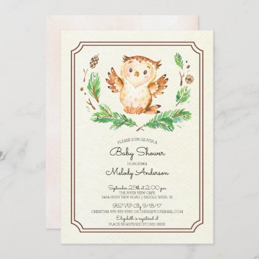 Schattigee Waterverf Uil Neutraal Baby shower Uitn Kaart (Voorkant / Achterkant)