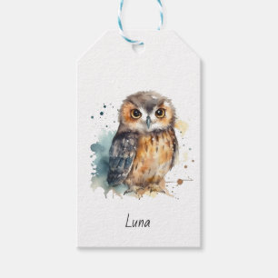 Schattigee Waterverf Uil, op maat Cadeaulabel