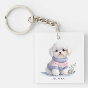 Schattigee Waterverf Witte Maltese puppy hond gepe Sleutelhanger