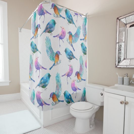 Schattigee Waterverven Kleurrijke Vogels Douchegordijn (In situ)