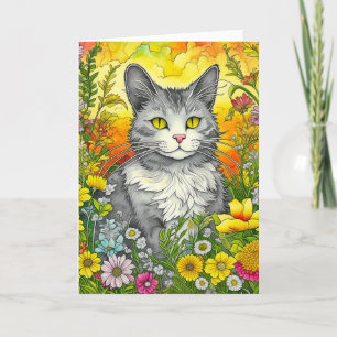 Schattigee Whimsical Folk Art Style Cat en Flowers Kaart