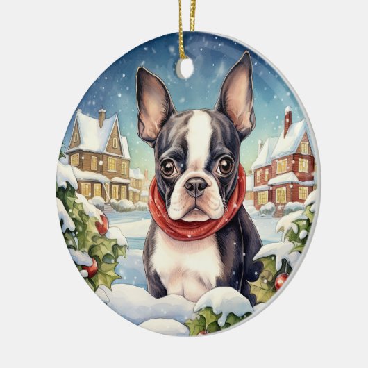 Schattigee Winter Kerstmis Boston Terrier Keramisch Ornament (Links)