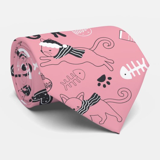 Schattigee Winter Kerstmis Kitty Cat Pattern Stropdas (Opgerold)