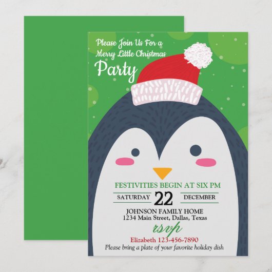 Schattigee Winter Penguin Kerstfeest Uitnodiging (Voorkant / Achterkant)