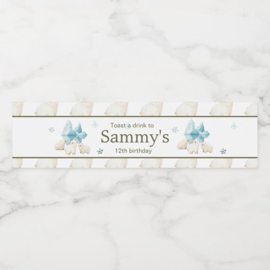 Schattigee Winter Polar Beren Verjaardagsfeest Waterfles Etiket (Enkel label)