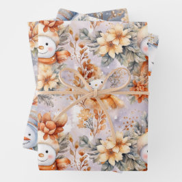 Schattigee Winter Sneeuwmannen Bloemenscène Cream  Inpakpapier Vel
