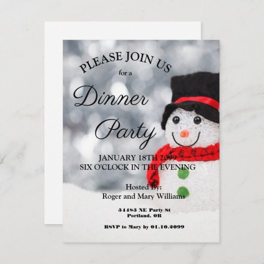 Schattigee Winter Snowman Dinner Party Uitnodiging (Voorkant / Achterkant)