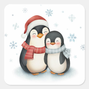 Schattigee winter thema pinguïn familie kerst vierkante sticker