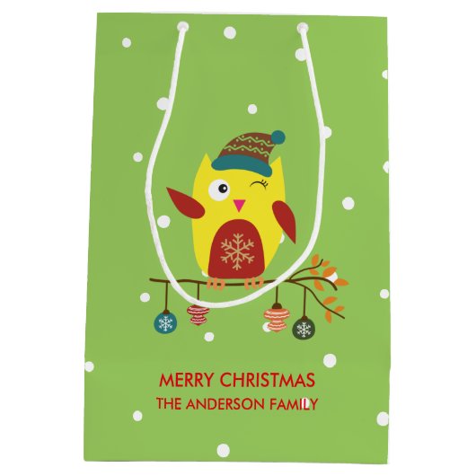 Schattigee Winter Uil Kerstillustratie Medium Cadeauzakje (Achterkant)