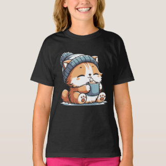Schattigee winterkat met Beanie Cozy Kawaii Animal T-shirt