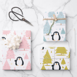 Schattigee Winterpinguïn Roze Kerstmis Inpakpapier Vel