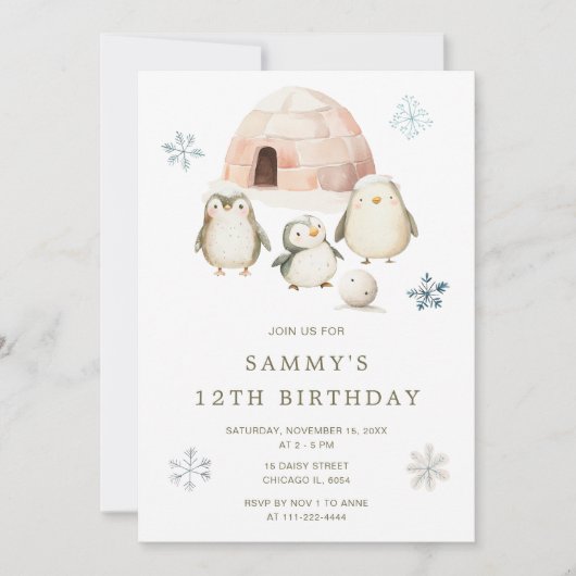 Schattigee winterpinguïns verjaardagsfeestje kaart (Voorkant)