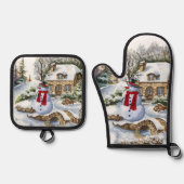 Schattigee wintersneeuwman ovenwant & pannenlap set (Voorkant)