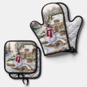 Schattigee wintersneeuwman ovenwant & pannenlap set (Voorkant / Achterkant)