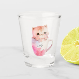 Schattigee wit-roze kat in een theekopje (2) shot glas