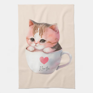 Schattigee wit-roze kat in een theekopje (2) theedoek