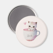 Schattigee wit-roze kat in een theekopje (4) magneet (Voorkant / Achterkant)