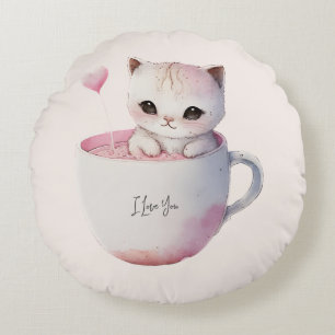 Schattigee wit-roze kat in een theekopje (4) rond kussen