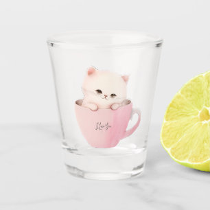 Schattigee wit-roze kat in een theekopje (4) shot glas