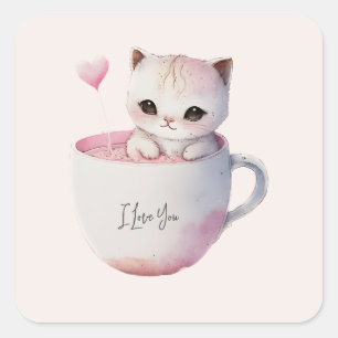 Schattigee wit-roze kat in een theekopje (4) vierkante sticker