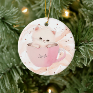 Schattigee wit-roze kat in een theekopje keramisch ornament