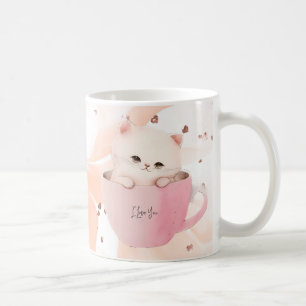 Schattigee wit-roze kat in een theekopje koffiemok