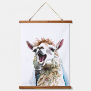 Schattigee witte alpaca zingen door microfoon hangend wandkleed
