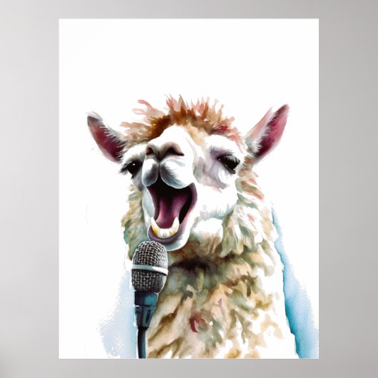 Schattigee witte alpaca zingen door microfoon poster (Voorkant)