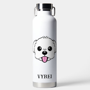 Schattigee witte bichon frise hond stekende tong u waterfles