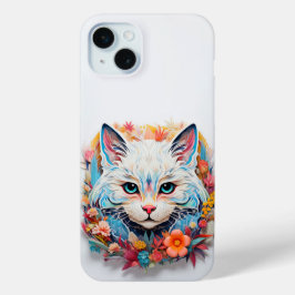 Schattigee Witte Blauwe Kat met bloemenknipsel iPhone 15 Mini Hoesje