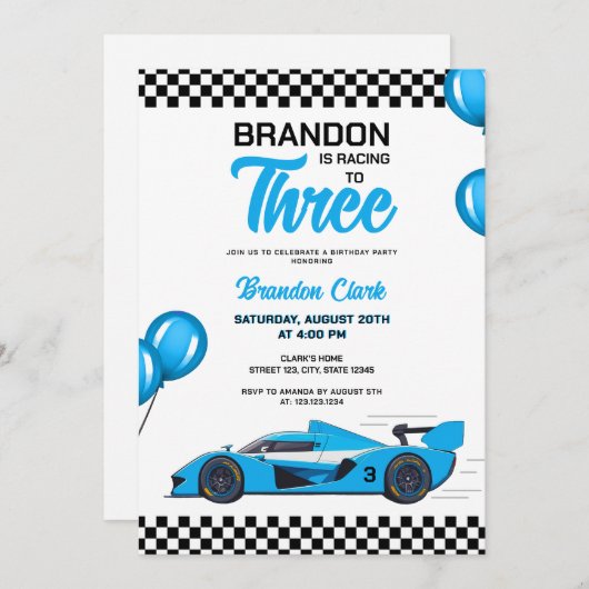 Schattigee Witte & Blauwe Racecar Kids Verjaardag Kaart (Voorkant / Achterkant)