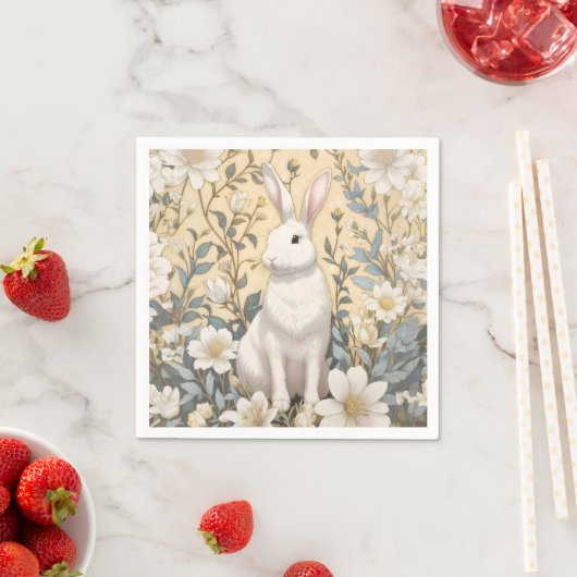 Schattigee Witte Bunny Pastel Gele Bloemen Servet (Insitu)