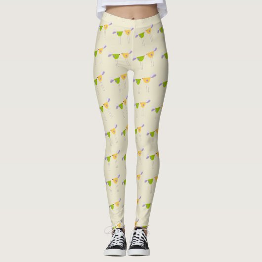 Schattigee witte Cornsilk Twee kleine vogelpatroon Leggings (Voorkant)
