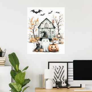 Schattigee witte en Oranje geest met herfstschuur Poster