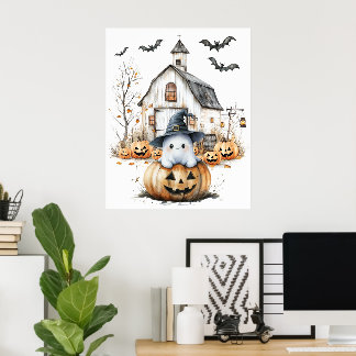 Schattigee witte en Oranje geest met herfstschuur Poster