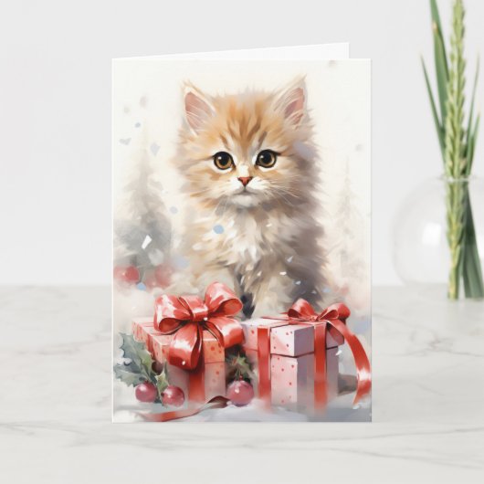 Schattigee Witte en Oranje Kitten Kerstgroet Kaart (Voorkant)
