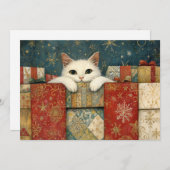 Schattigee witte kat gluren over kerstcadeaus feestdagenkaart (Voorkant / Achterkant)