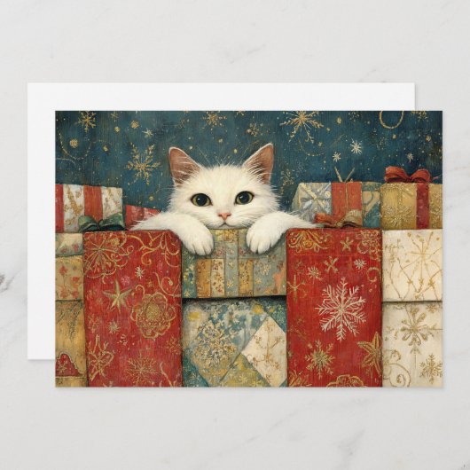 Schattigee witte kat gluren over kerstcadeaus feestdagenkaart (Voorkant / Achterkant)