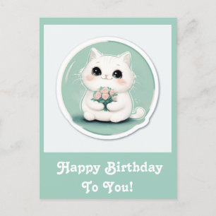 Schattigee witte kat Happy Birthday gepersonalisee Feestdagenkaart