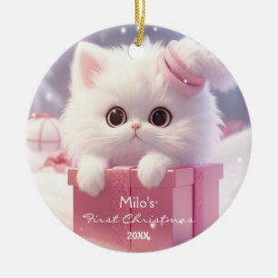 Schattigee witte kat in een doos Kerstmis Geperson Keramisch Ornament