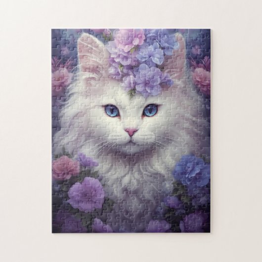 Schattigee Witte Kat met Bloemen, Fantasy Art Legpuzzel (Verticaal)